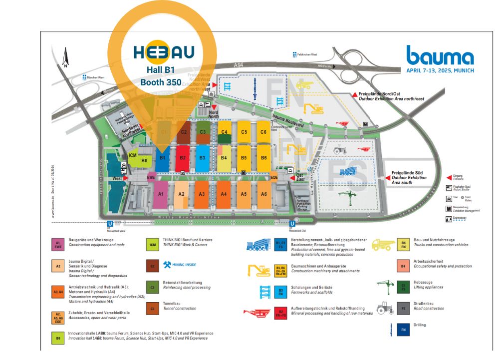 Bauma 2025 - Sitemap with HEBAU location: Hall B1 Booth 350